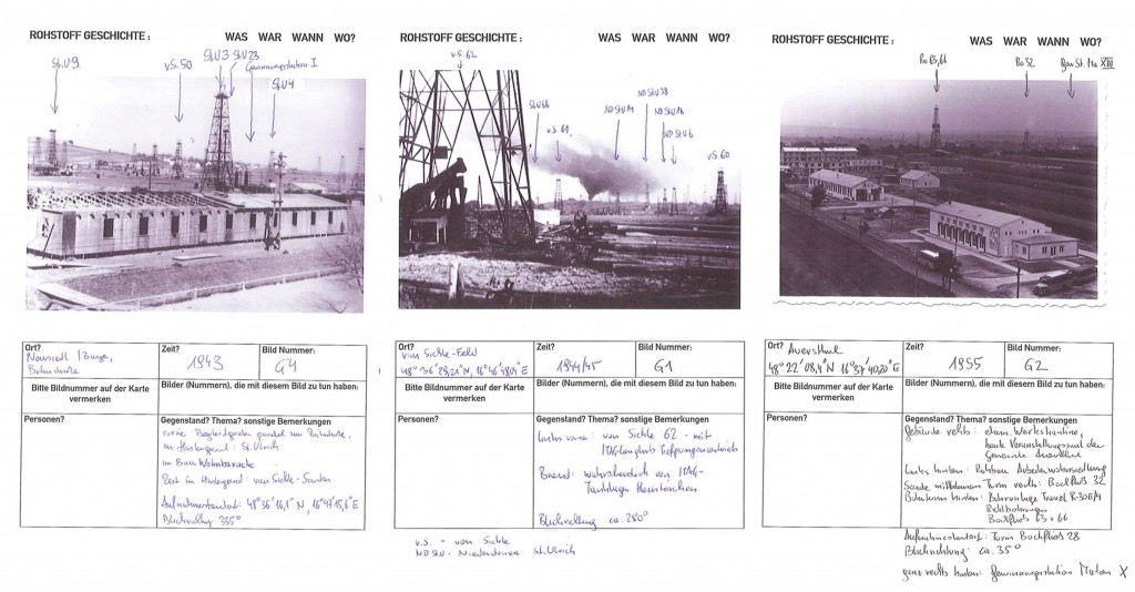 Fragebögen zur Verortung und Datierung historischer Fotos aus unserer Geschichtswerkstatt 2013 in Matzen.   Quelle: Archiv Rohstoff Geschichte
